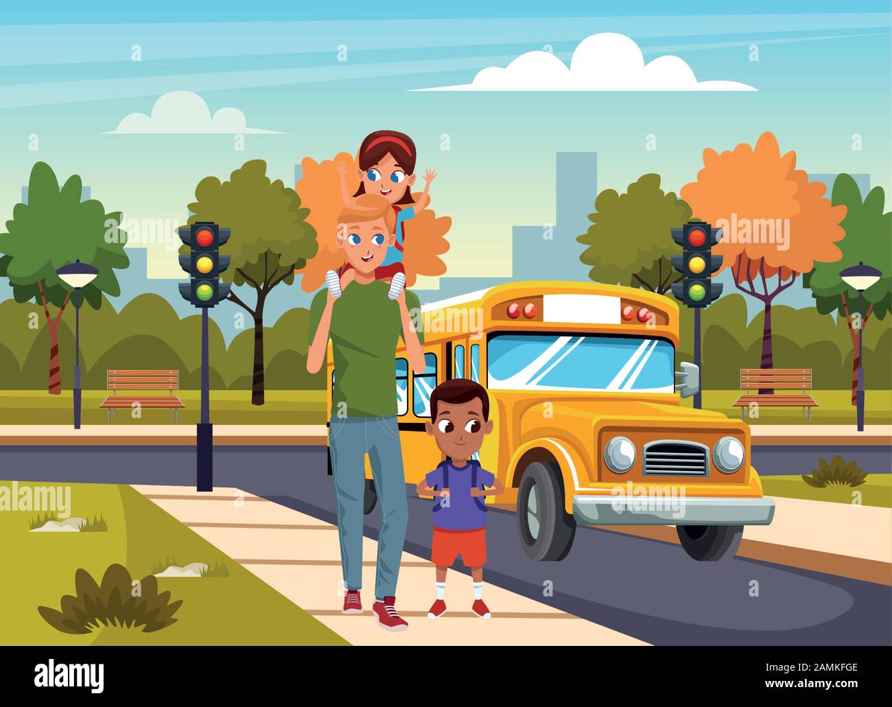 Hombre de dibujos animados con niños caminando por la calle sobre el  autobús escolar y el fondo del parque, diseño colorido Imagen Vector de  stock - Alamy