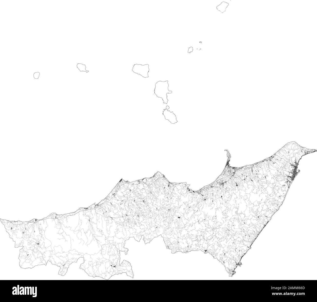 Mapa satelital de la provincia de Messina, ciudades y carreteras