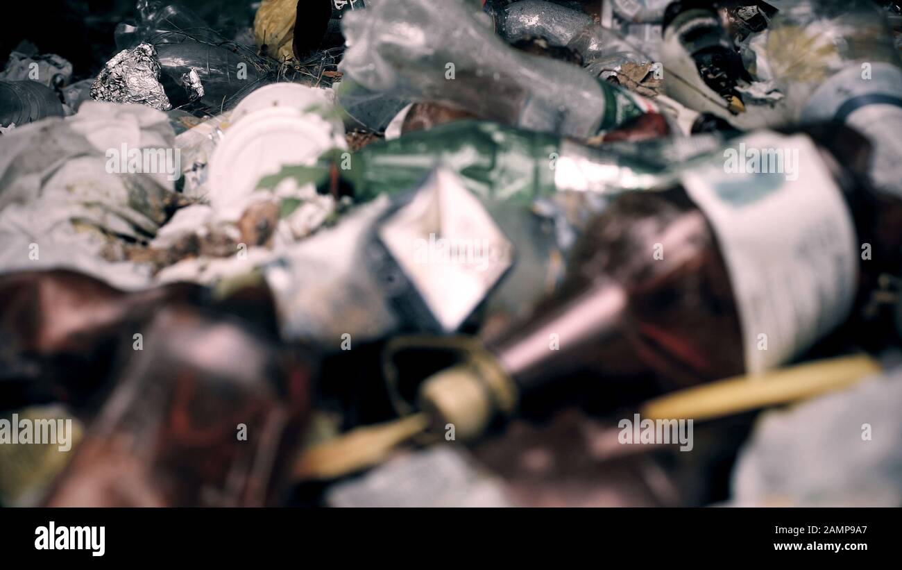 Montones de basura asquerosa contaminando el suelo y los bosques, problema ambiental Foto de stock