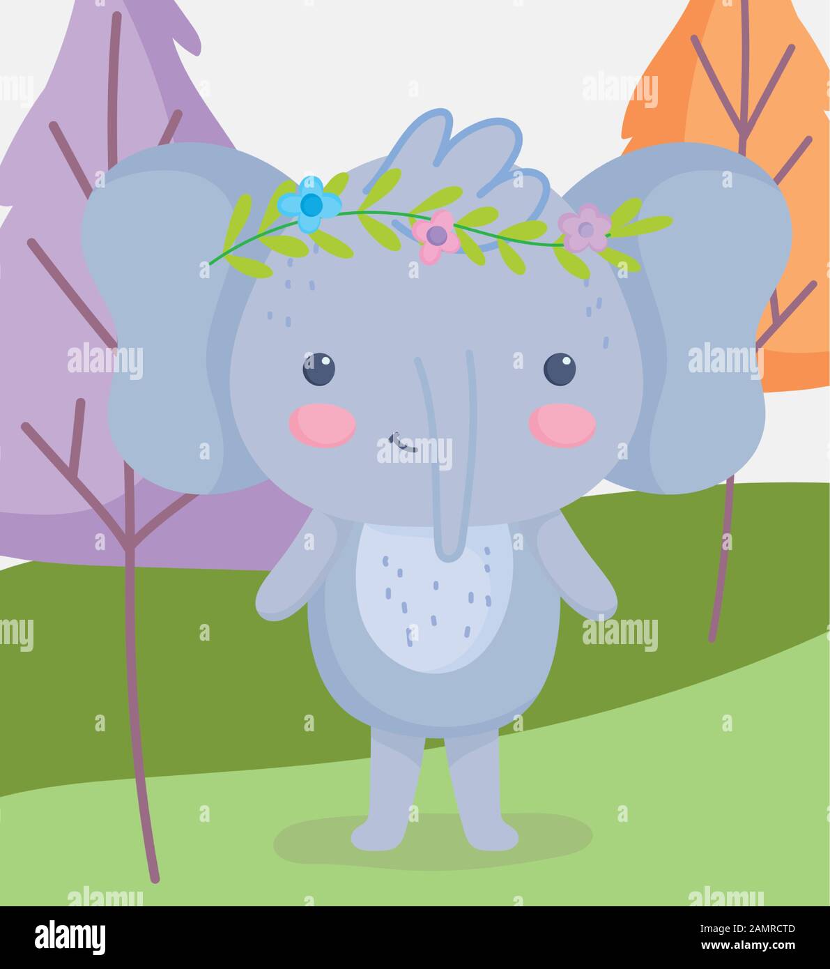lindo animales elefante con flores en la cabeza hierba árboles dibujos  animados vector ilustración Imagen Vector de stock - Alamy
