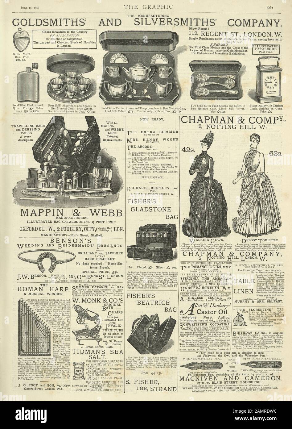 Página de anuncios de periódicos, 1886, Victorian 19th Century, juego de té, vestidos de mujer Foto de stock