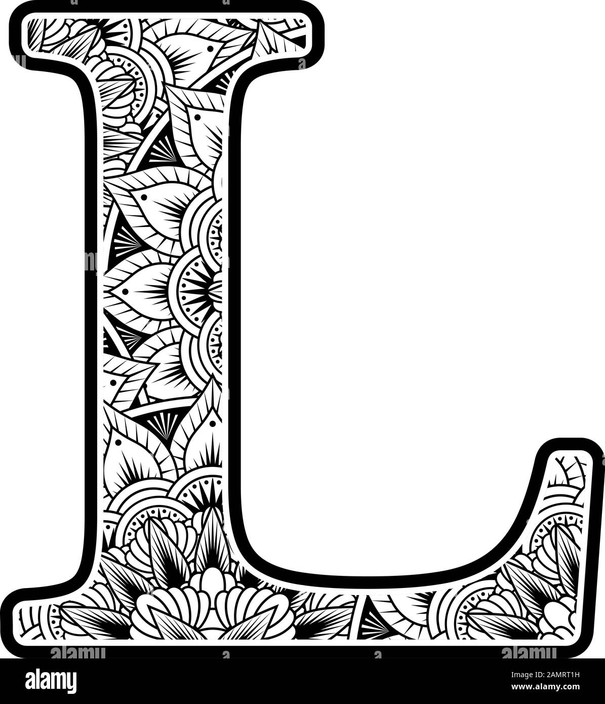 letra l mayúscula con adornos de flores abstractas en blanco y negro