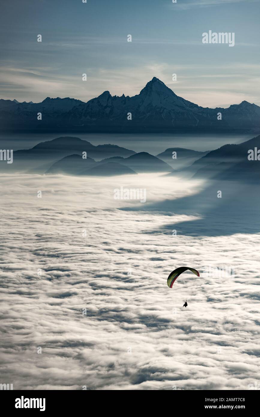 Silueta de un Paraglider volando sobre la alfombra de nubes al atardecer, Gaisberg, Salzburgo, Austria Foto de stock