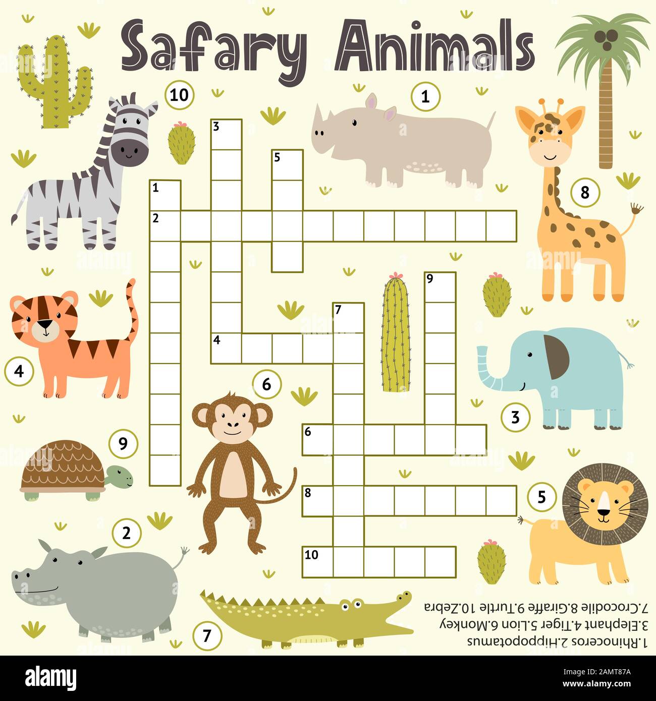 Crucigrama Para Niños Con Animales De Safari Lindos Rompecabezas De