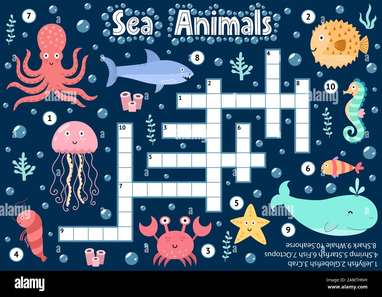 Crucigrama juego de rompecabezas de animales de mar para los niños. Hoja de actividad lógica submarina Ilustración del Vector