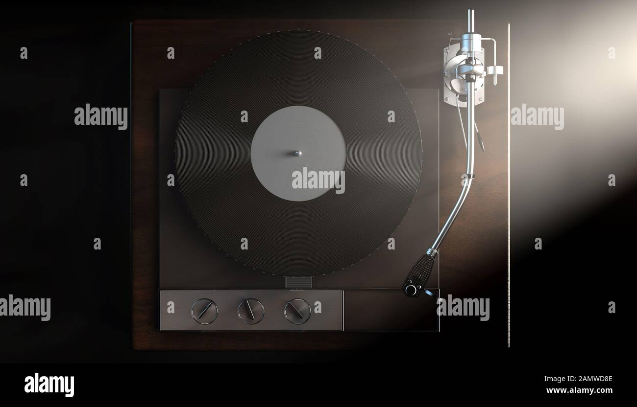 Un reproductor de discos de tocadiscos vintage sin Marca en un fondo oscuro con retroiluminación moody - renderizado en 3D Foto de stock