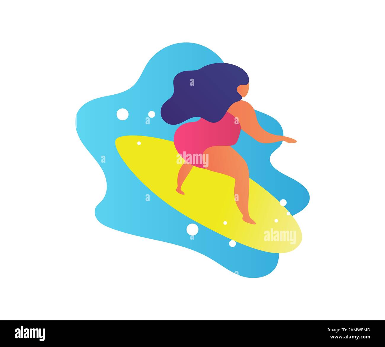 Mujer plana surf olas de dibujos animados de moda de verano la gente Ilustración del Vector