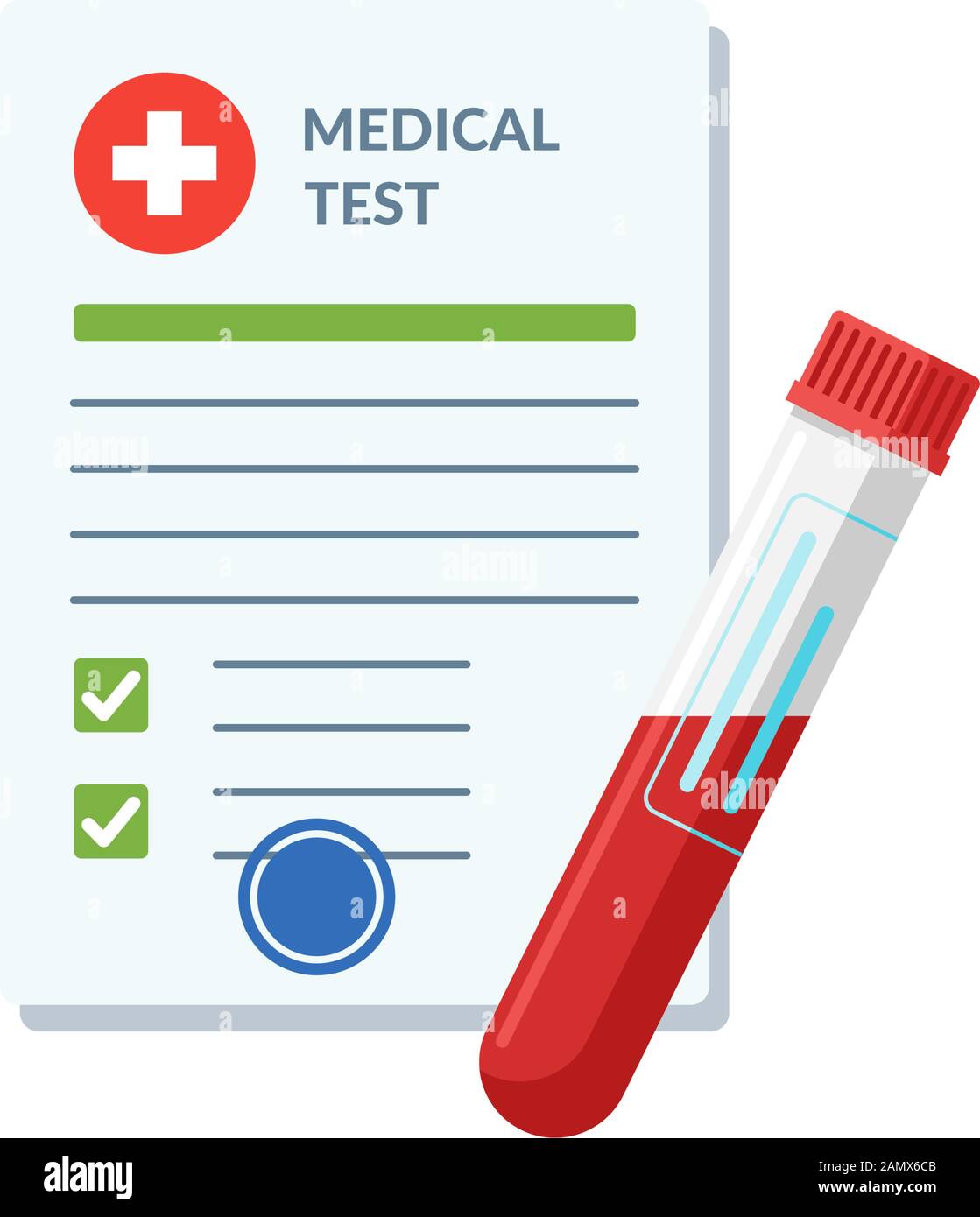 El envase del tubo de análisis de sangre y el análisis de laboratorio  médico lista con los resultados y aprobado Marca de verificación vector  ilustración. Documento en blanco de la lista de