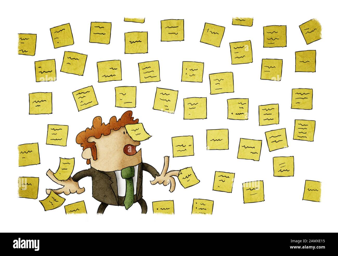 Ilustración del empresario con la pared llena de notas de recordatorio, el concepto de un montón de trabajo. aisladas, fondo blanco. Foto de stock