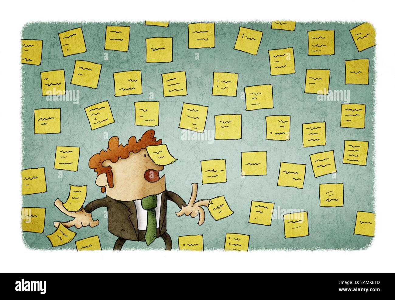 Ilustración del empresario con la pared llena de notas de recordatorio, el concepto de un montón de trabajo. Foto de stock