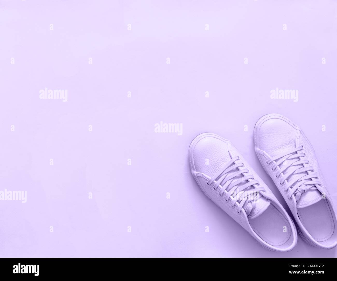 Zapatillas de lona de color violeta sobre fondo violeta. Par de zapatillas  o zapatillas deportivas violetas con espacio para copiar texto o diseño.  Foto superior de nuevas sneakers violetas, monocromo. Vista superior