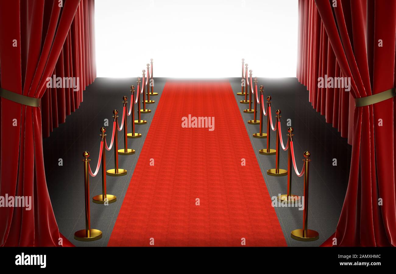 entrada a un teatro, alfombra roja con cortinas y barreras con cuerda de terciopelo, gran pantalla blanca brillante en el centro. concepto de exclusividad. renderizado en 3d Foto de stock