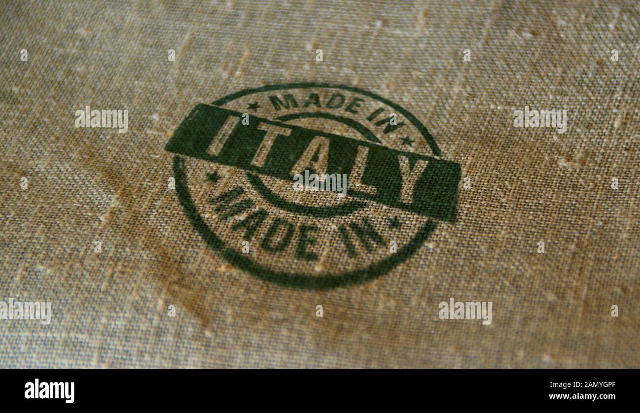 Made in Italy sello impreso en saco de lino. Factory, el concepto de país de fabricación y producción. Foto de stock