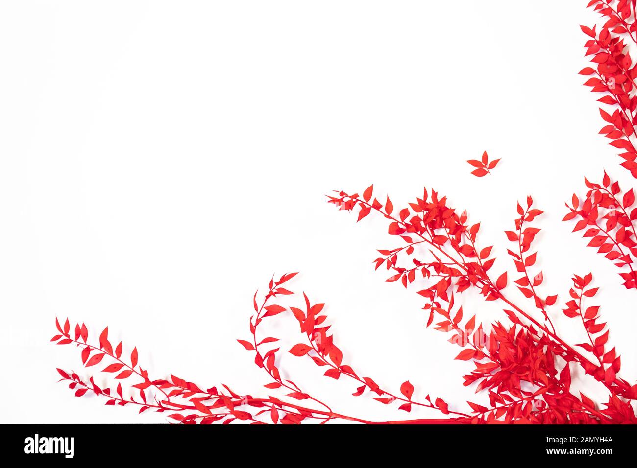 Bastidor con hojas rojas sobre un fondo blanco. Sentar planas, vista superior Foto de stock