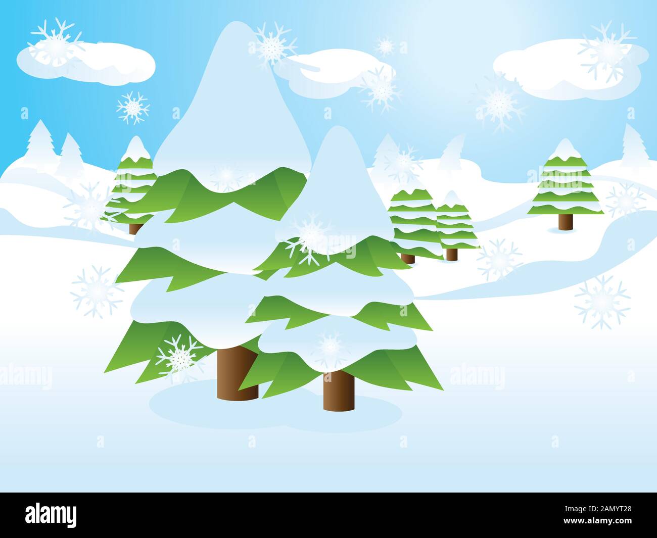Dos abetos sobre la nieve, el paisaje de fondo de dibujos animados Imagen  Vector de stock - Alamy