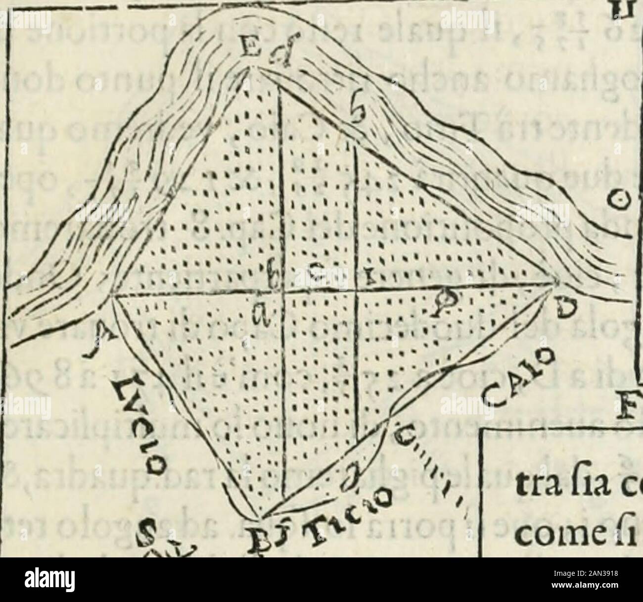 Modo del dividendo l'allvvioni da qvello di Bartolo, et de gli agrimensori diversoMostrato con ragioni matematiche & con pratica . Ys, qual farà dalle duefùperfìcie FG, GH ailaparte I, M,& così feguendo dvnain vna,comefi ricerca. Venedo dùque allatto della diuifione dellailuione, ballerà prima trouar li tre pùti a b e nella linea <*, li quali li trouano(com edetto nel primo caiojcon numeri perla rtotitia delie Fronti,& della li-nea modi $ -, anchora in puerche i flüche. Nondimenophupponeremo il medefimo di detto primo cafo, che la fronte A BdiLutjofia 24, BC diTitio 15-, CD Foto de stock