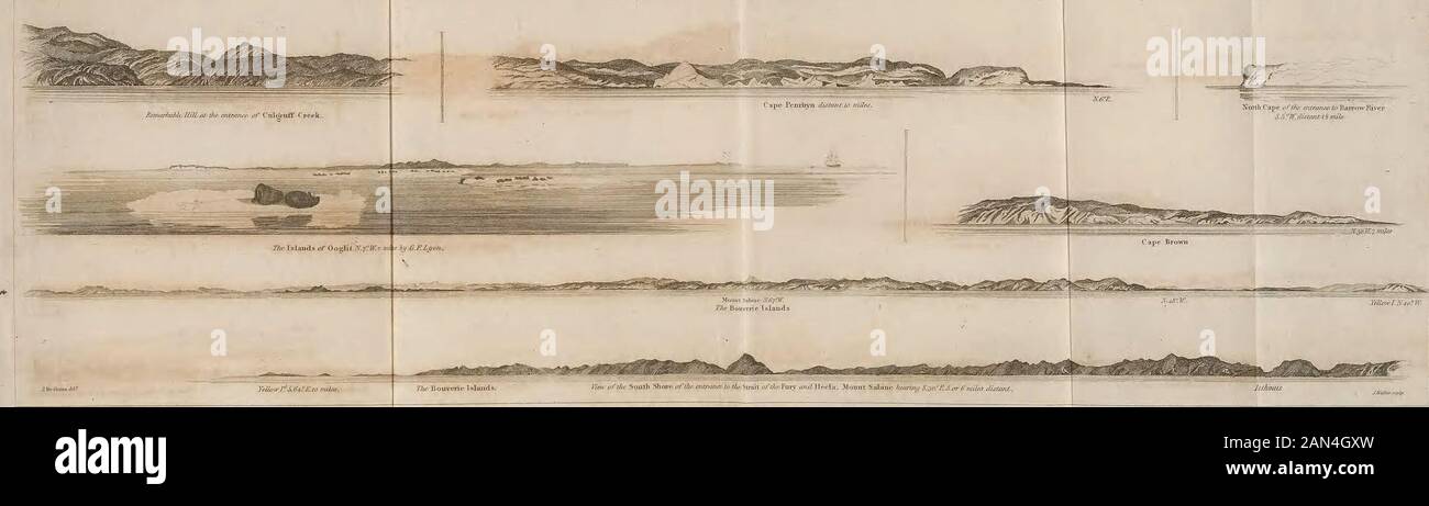 Diario de un segundo viaje para el descubrimiento de un pasaje noroeste del Atlántico al Pacífico : realizado en los años 1821-22-23, en los barcos de su Majestad Fury y Hecla, bajo las órdenes del Capitán William Edward Parry : ilustrado por numerosas placas . TEOOW I. N.40 ?W. •Trait ortsfos-Fuiy W.Heela . .Mourn Sali rsthnu rrayjilivnarU StreetZondpn. Cabo IVllsou N.JS. Si. I&rtu/U ? Isla MIUs. Foto de stock