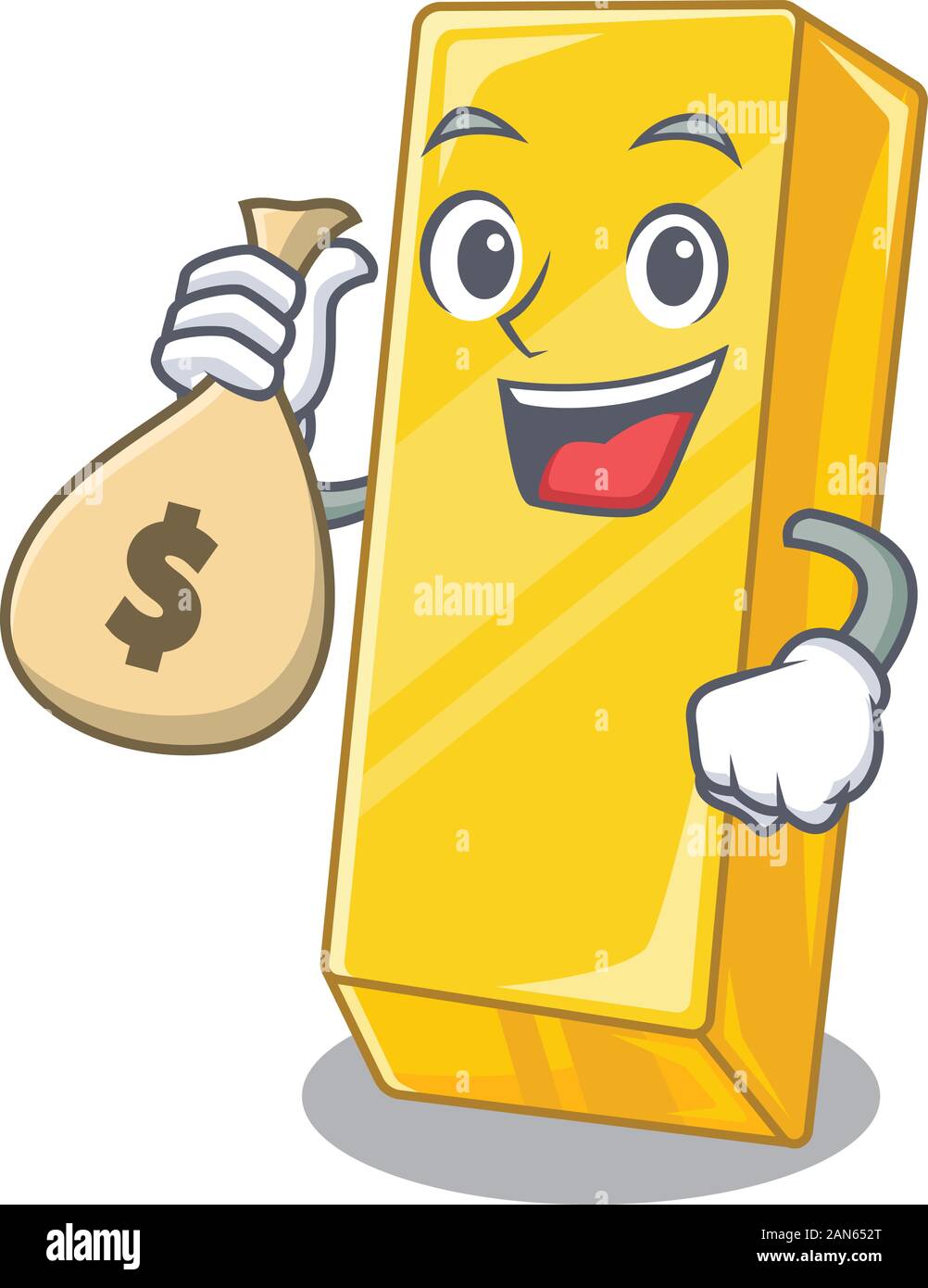 Barra de oro enriquecido feliz personaje de dibujos animados con la bolsa  de dinero Imagen Vector de stock - Alamy