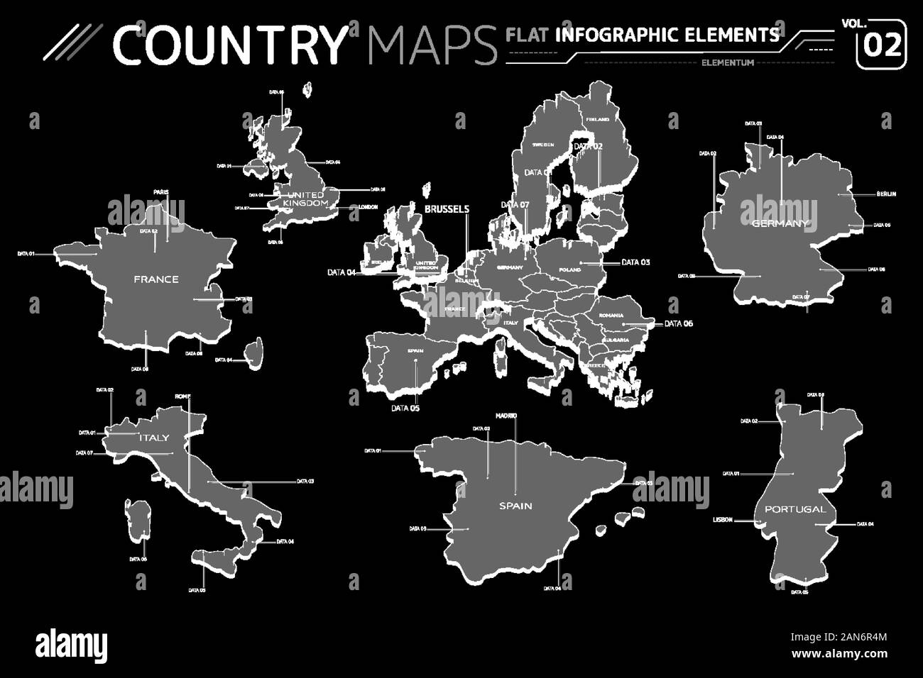 Europa, Reino Unido, Francia, Italia, España, Portugal y Alemania los mapas de vectores. Ilustración del Vector