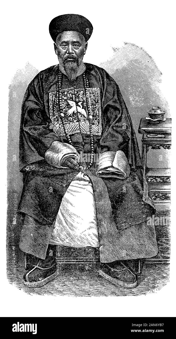 Retrato de un hombre chino en batas de seda, un mandarín burócrata erudito  en el gobierno de la China imperial seleccionados por mérito a través del  extremadamente rigurosos exámenes imperiales para entrar