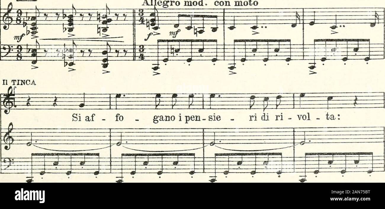 Il tabarro (da 'La Houppelande' di Didier Gold) . n Tiiviri (venendo dalla stiva,seguito dagli altri scaricatori che se ne vanno per la banchina dopo di avere salutato/ir Michele) ? Y m yj!^3^ Buona notte un tut - ti. n TALPA (al .tinca) m ^w 2 W +=$ £ 42 Hai tan -ta tf)H ls trJiUj ?"F S ^GF ? Q H7404 g La FRUGOLAA (al tinca) 43 ad-ubbrLa carti? ¡Ah! Se fossi tua moglie ! Ti peste - 3 £ 3e ir ùbbrLa tinca Corri ad-carti? ¡Ah! Se fossi tua moglie ! 3 I T * ^ TALPA ? M Che fa.re.ste? iE£ ^F=f fretta? Fff ^777 ^F=^ g Fe 4 ££ j> fc i gu g ns La FRUGOLA Allegretto (Zo stesso movimento) iti :7 * La Cil. Foto de stock