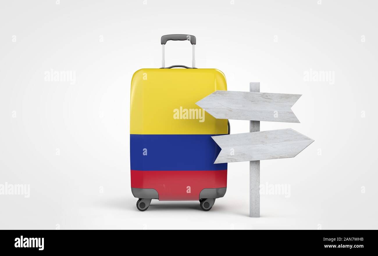 Bandera de Colombia maleta de viaje con guía de madera signpost. 3D Render  Fotografía de stock - Alamy