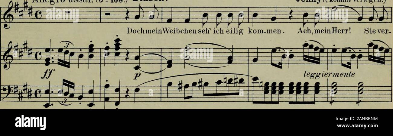 Die weisse Dame = La dama blanca : Komische Oper . g^^y^^^^rH^ N? 4. Trío mit Chor. Allegro assai. (J = i08.) Dikson. Jenny.(kommt verlegen.). Yo feSg=q= zei- -hen.kaumwag1 CISH, doch ist mein dieSchuldnicht, ach,die Tau- - fe,Wie Ich ver. itl Ge07V K K J Foto de stock