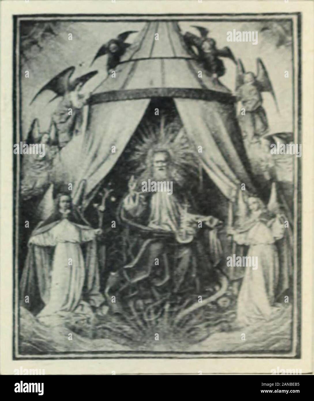 Flandre . iant aux-chefs de la miniatureflamande doeuvre. Cola dailleurs Constatons dautresmanuscrits appartenant au Duc de Berrieurent pour des Auteurs maîtres flamands.Jacques Coene (de Brujas) vivait un Pansen 1398; nous savons quen 1404 il futpaye par Philip{)c le Hardi pour avoir his-torié une Biblt française et Latine. Jacque-mart de Hesdin travailla pour le duc deBern dès lannée 1384. .Nous trois enluminures emprun toneladas au livre dheures deBruxelles. La première (HG. 93) représentele duc Jean deBerri agenouille entre Saint Jean etSaint .André. Le Duc est habilledune toge blanche. Le SaintJe Foto de stock