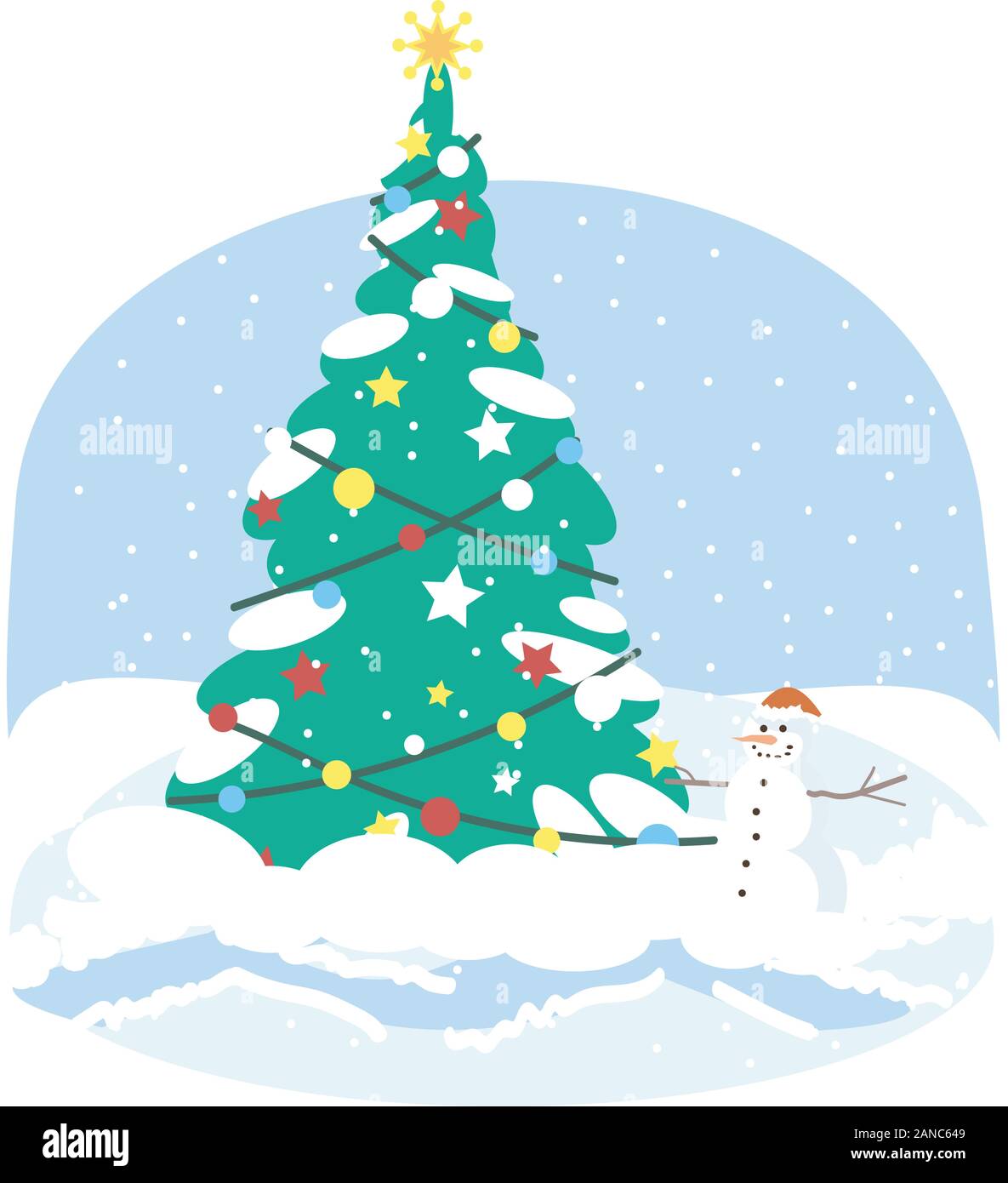 Árbol de Navidad flat ilustración vectorial. Abeto de navidad con muñeco de y las luces decorativas decoraciones clipart de dibujos animados. Año nuevo, decoración al aire libre en invierno. Chr Imagen