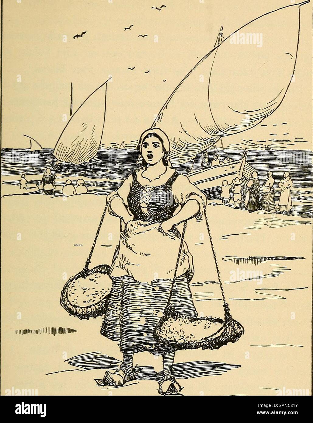 Pintoresca Espaäna; la vida y las costumbres de España en historia y leyenda . tina descansasilenciosa y limpia, a la sombra augusta de inmensas montañas. Las montañas y el mar son los grandes alicientes de esta ciudad cosmopolita. Éstas son hermosas y están tan baja, tan cerca que el visitante se encuentra en un frondoso bosque srat corto andar por las calles antiguas de la vieja capital de Guipúzcoa. Los bosques están llenos de flores silvestres, lindas mar-garitas, primaveras, violetas, nomeolvides, y en el corazón15 de las montañas los cerezos en flor y los jóvenes manzanosperfuman el ambiente acondicionado Foto de stock