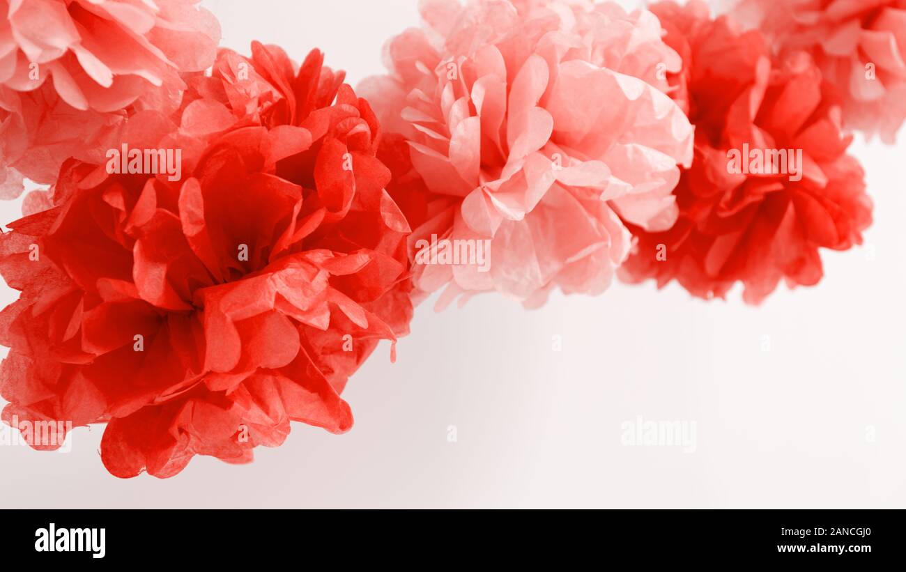 Flores de papel a la niña baby shower fiesta. Concepto de celebración de baby shower. Fiesta navideña de fondo. Horizontal, en formato de pantalla ancha. Coral vivo tema - color del año Flores de papel a la niña baby shower fiesta. Concepto de celebración de baby shower. Fiesta navideña de fondo. Horizontal, en formato de pantalla ancha. Coral vivo tema - color del año