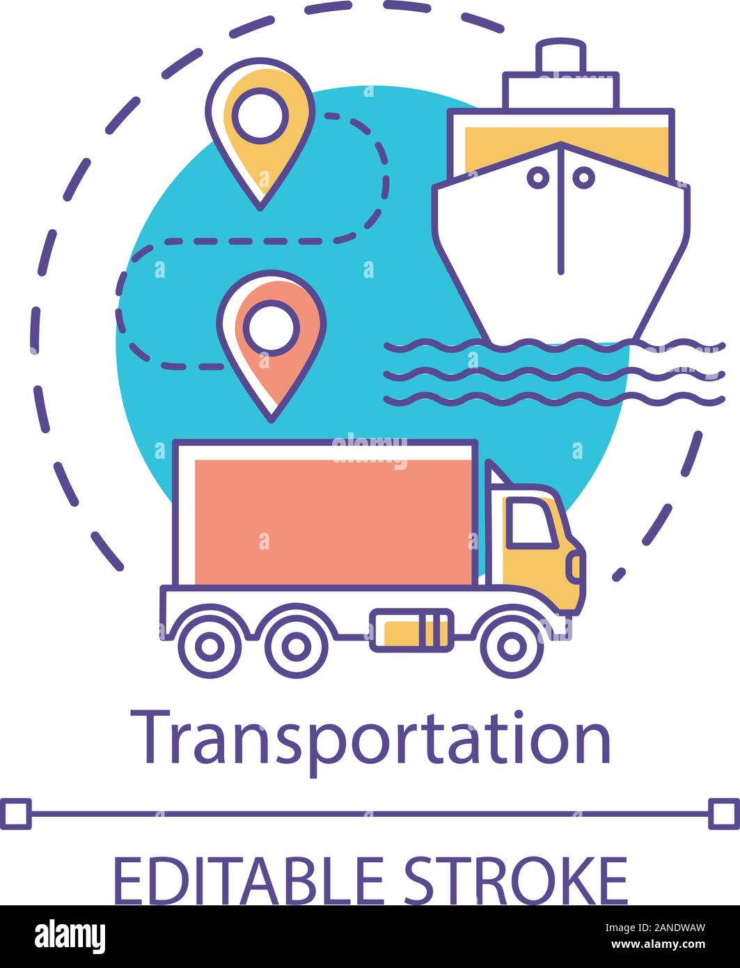 Icono del concepto de transporte. Envíos por mar y por tierra. Ruta, barco, camión. Logística y Icono del concepto de transporte. Envíos por mar y por tierra. Ruta, barco, camión. Logística y