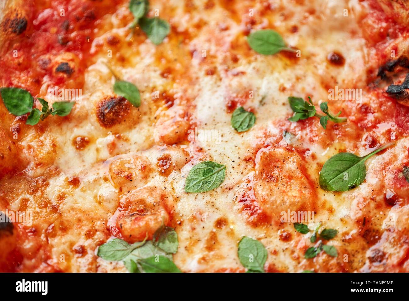 Pizza Margarita. Sabroso margherita pizza cocida en horno de leña tradicional en el restaurante napolitano, Italia. Foto de stock