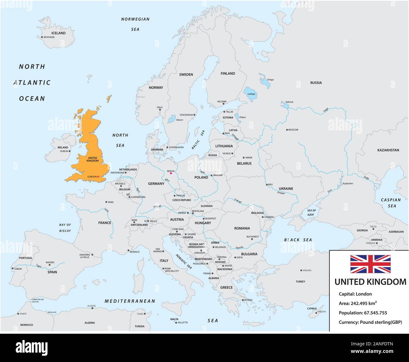 Ubicación del Reino Unido en el continente europeo con un pequeño cuadro de información y Ubicación del Reino Unido en el continente europeo con un pequeño cuadro de información y