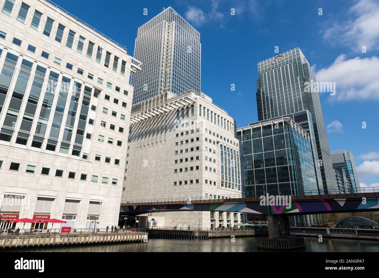 Los bancos del distrito de negocios de Canary Wharf, Londres, Inglaterra Foto de stock