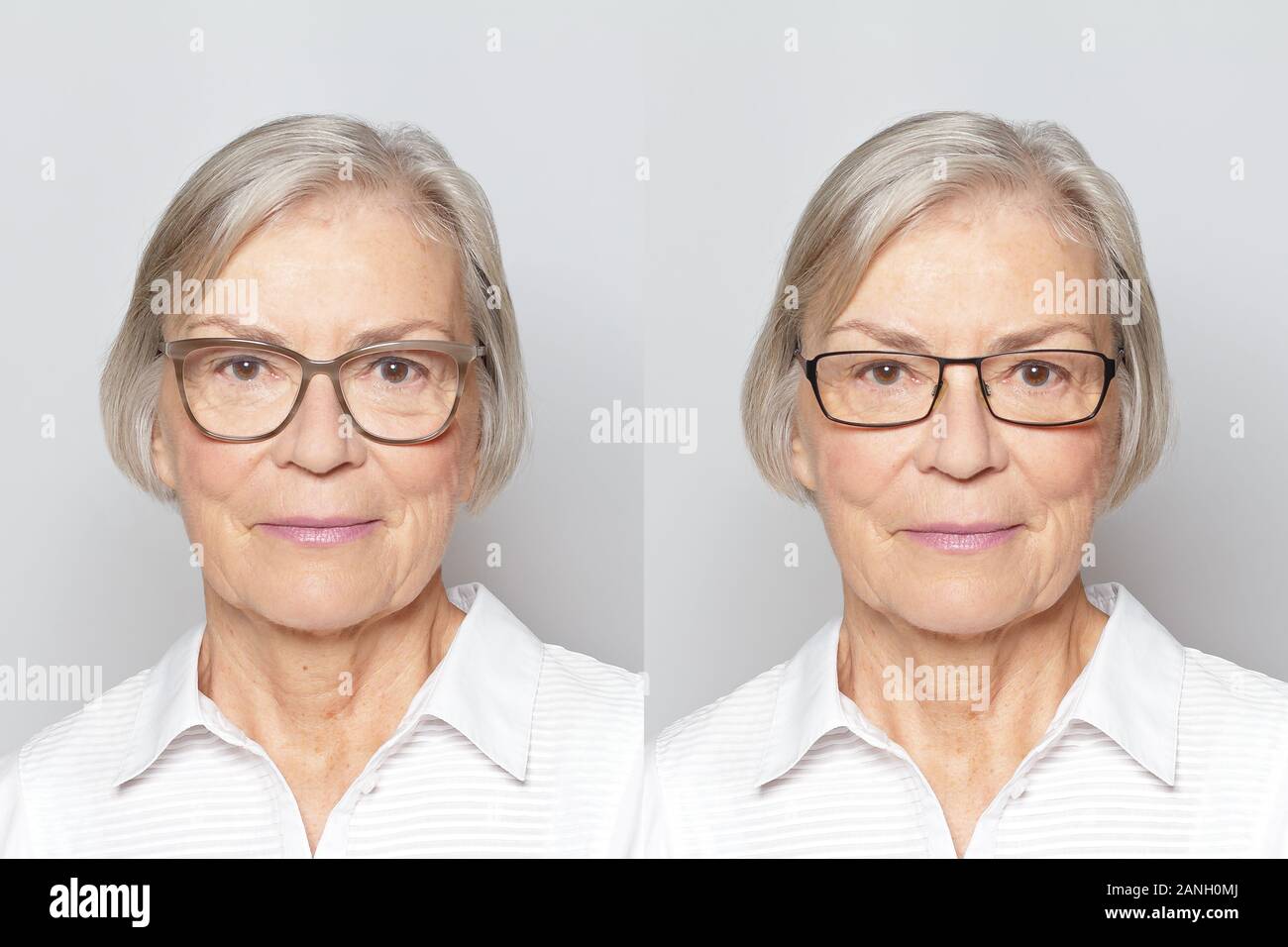 Anteojos de compras en línea con la función try: foto de una mujer mayor con dos fotogramas diferentes. Foto de stock
