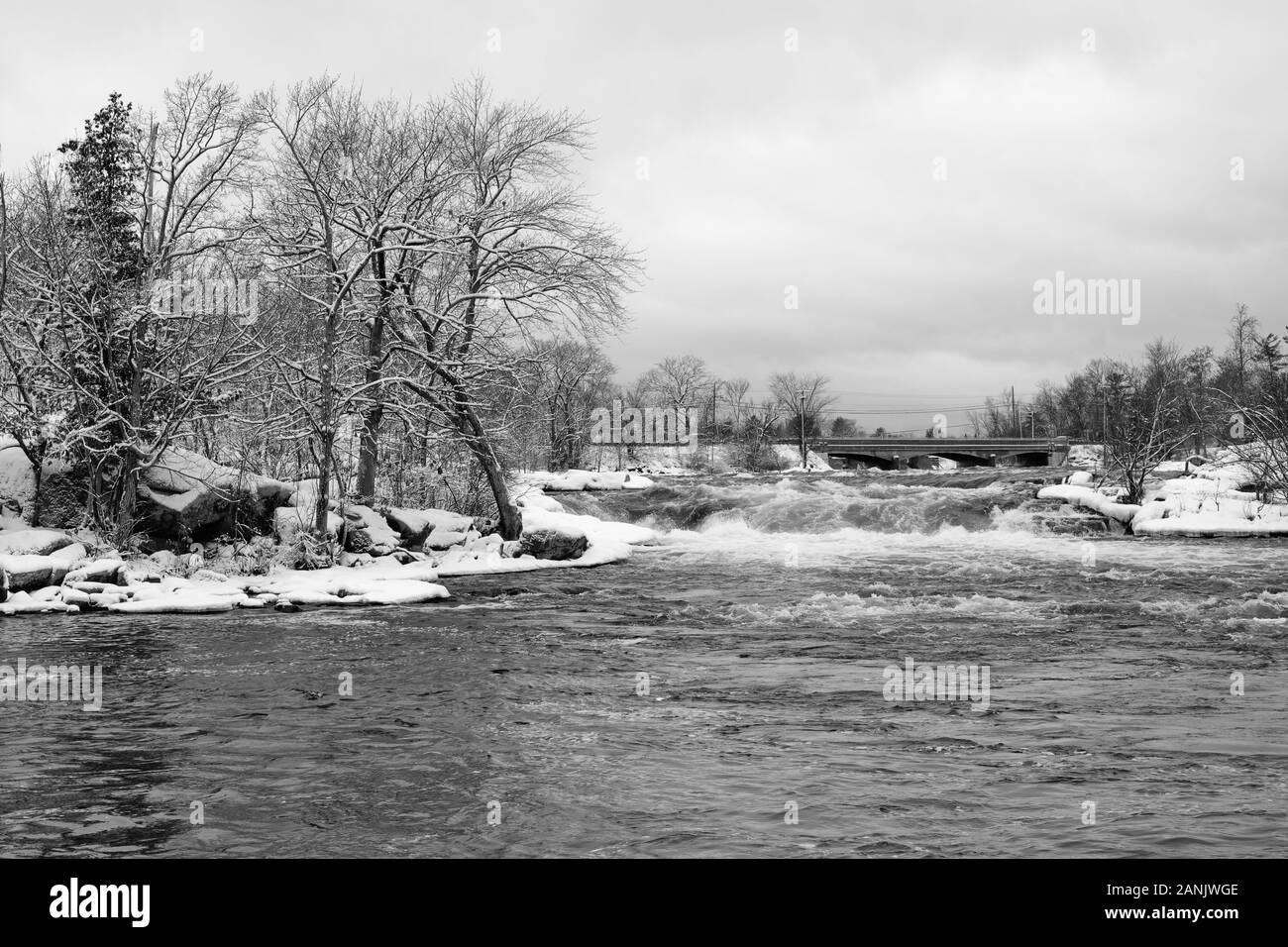 Un manto de nieve cubre la costa rocosa y árboles en esta vista en blanco y negro de Burleigh Falls, Ontario Foto de stock