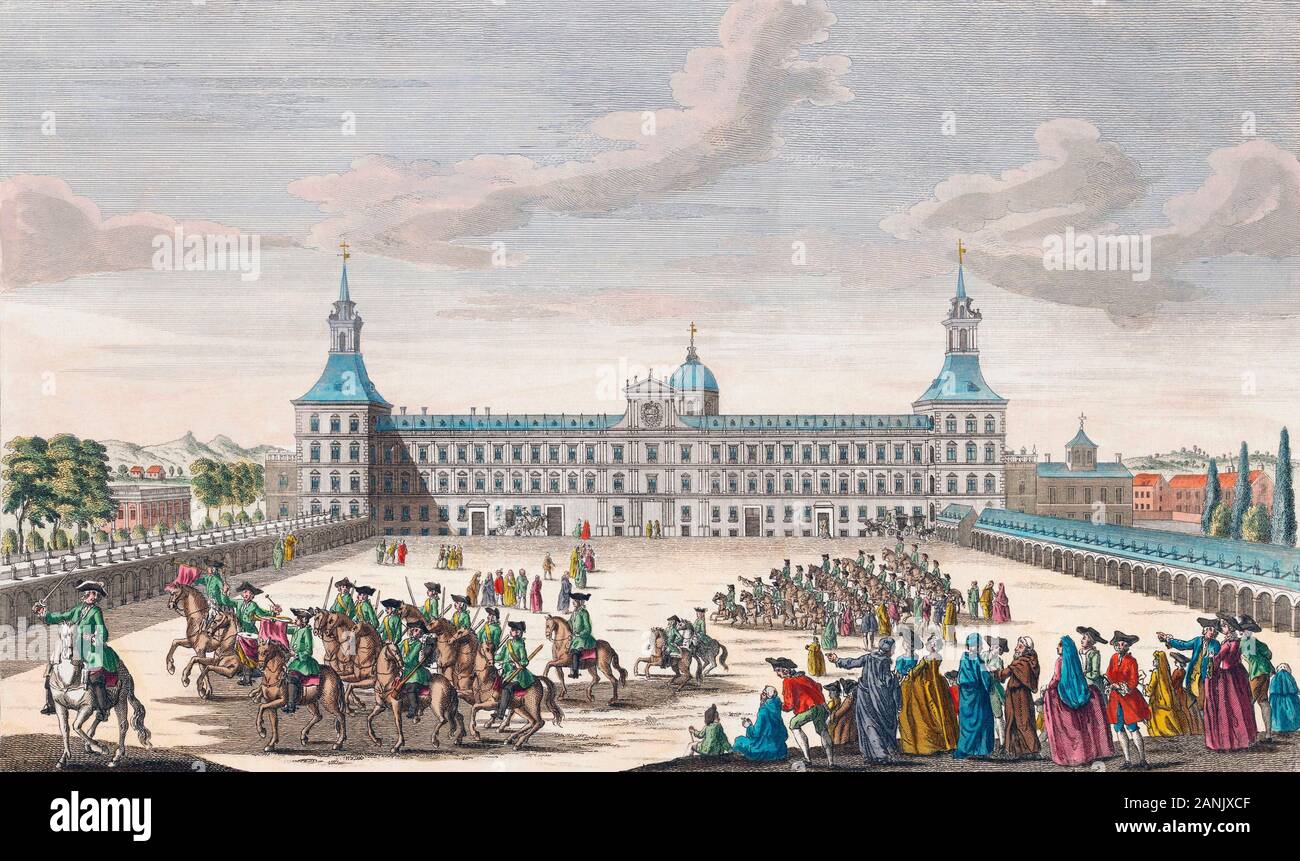 Una vista del palacio real de su Majestad Católica el Rey de España, Madrid. Grabado coloreado a mano con fecha de 1752. Foto de stock