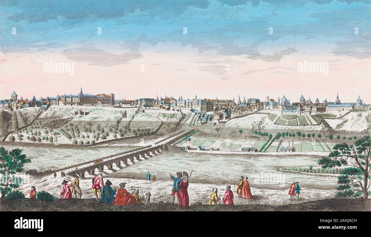 Una vista general de la ciudad de Madrid, la capital del Reino de España. Después de un grabado publicado en 1762. Mano de color. Foto de stock