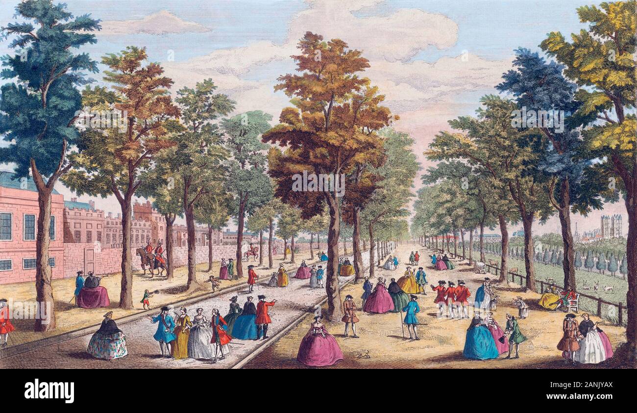 Una vista de St. James's Park tomadas cerca del patio del establo, comprendiendo St. James's Palace, la Abadía de Westminster, Whitehall, etc. Después de un grabado pintado a mano publicado circa 1750 Foto de stock