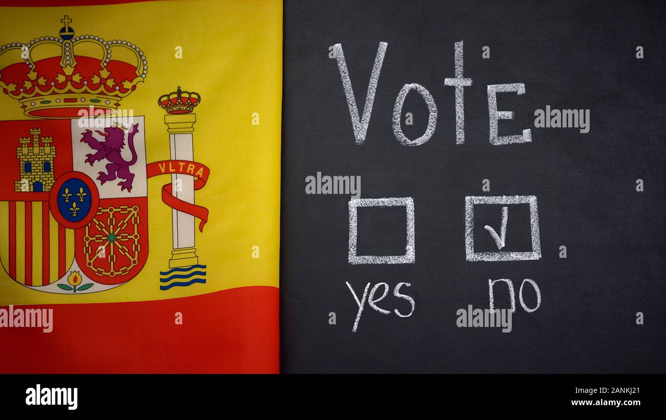 Bandera española sobre antecedentes, ninguna respuesta marcada en votación electoral, independencia Foto de stock
