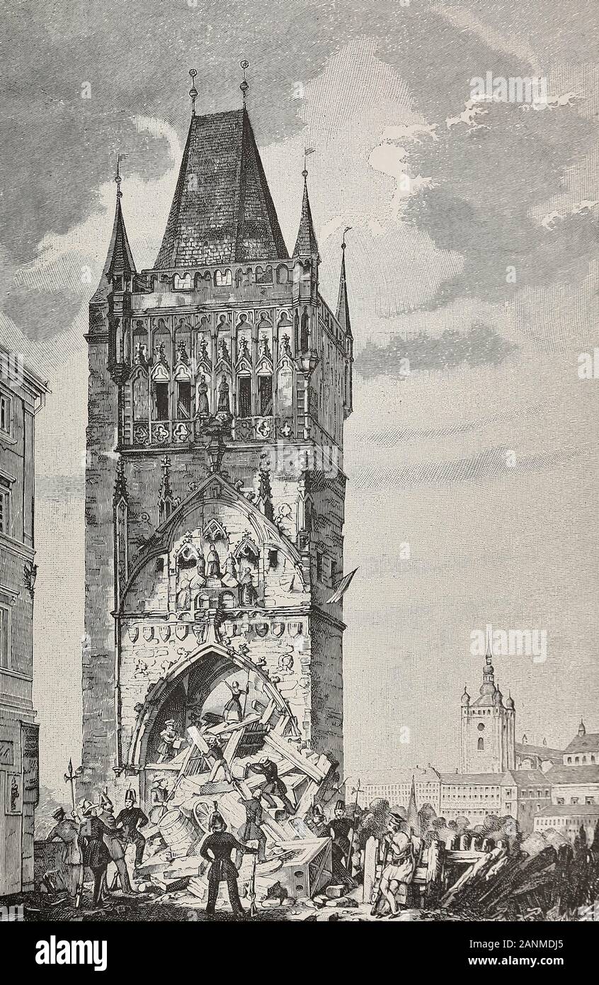 La Bohemia de la revuelta de 1848, el edificio de la barricada del pueblo en el Puente de Praga Foto de stock