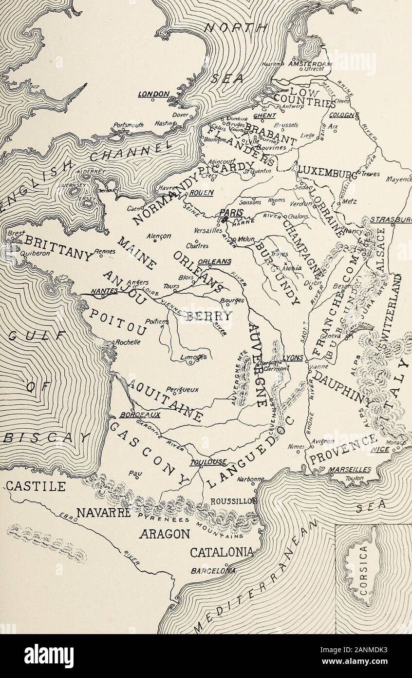 Francia y sus provincias históricas - los antiguos miembros que paulatinamente fueron inited para formar el reino de Francia Foto de stock