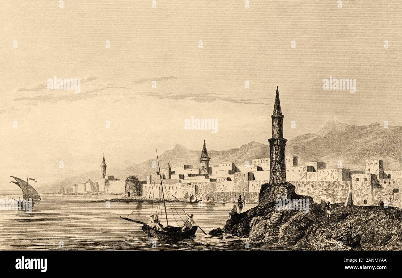 Panorámica de la ciudad de Jeddah. La historia de Arabia Saudita. Grabado antiguo publicado en L'Univers saudita, en 1841. Historia de la antigua Arabia Foto de stock