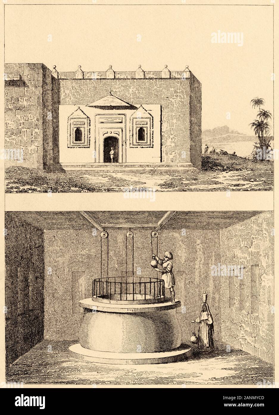 El Pozo de Zamzam, una fuente sagrada de La Meca. La historia de Arabia Saudita. Grabado antiguo publicado en L'Univers saudita, en 1841. Historia de la antigua Arabia Foto de stock