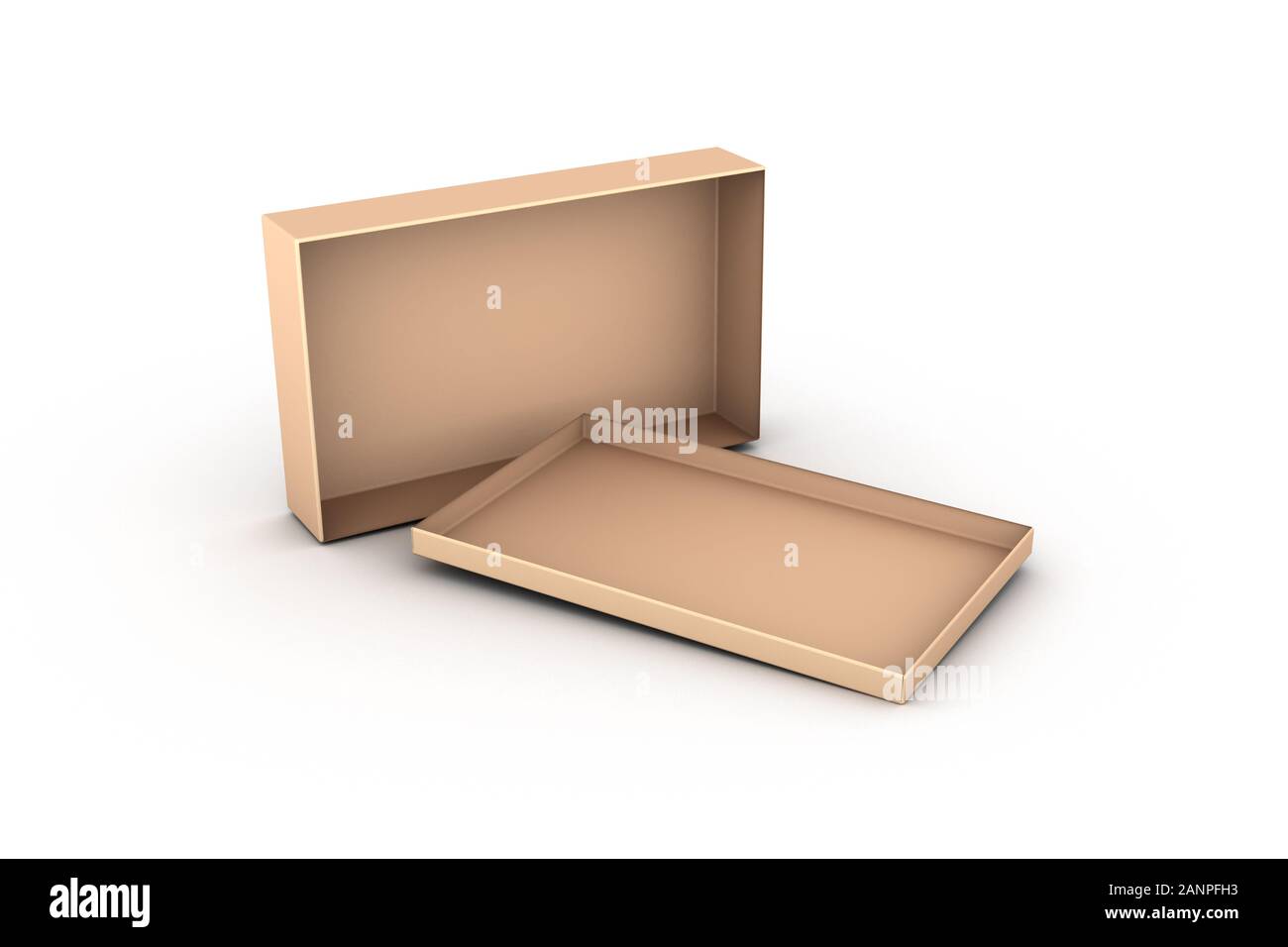 Representación 3D de cartón caja vacía boceto la plantilla con el color amarillo dorado, aislado sobre fondo blanco. Foto de stock