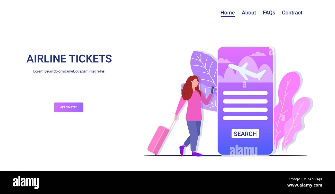 Mujer con equipaje de viajero mediante Mobile App reserva o compra buscando  online boletos de aerolíneas de todo el mundo viaje vacaciones turismo  concepto toda la longitud horizontal de la pantalla del