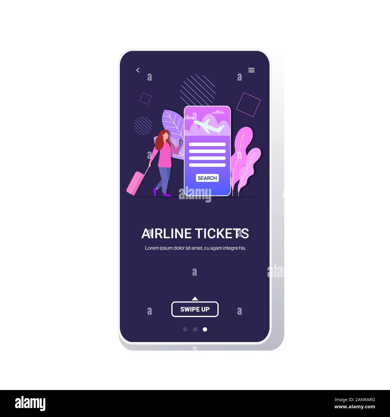 Mujer con equipaje de viajero mediante Mobile App reserva o compra de  boletos en línea Buscar viajes vacaciones turismo de aerolíneas de todo el  mundo concepto de longitud completa de la pantalla