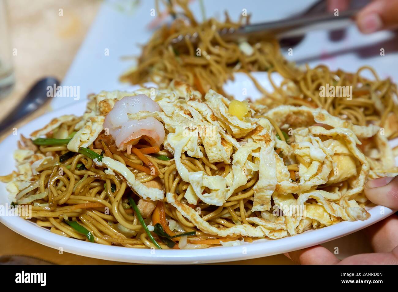 Plato de pollo frito al estilo chino, huevo y fideos fritos Foto de stock