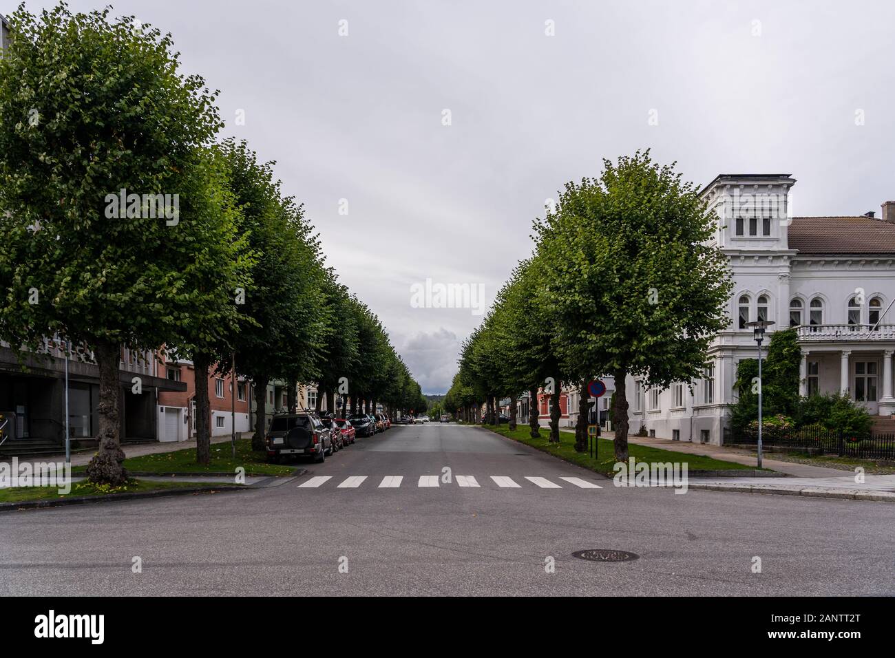 Calle Festningsgata en Kristiansand Noruega con coches aparcados en ambos lados de la calle en un día normal Foto de stock